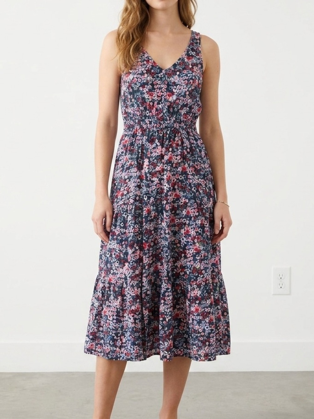 FRNCH Navy Floral V-Neck Sleeveless Midi Dress Size M
